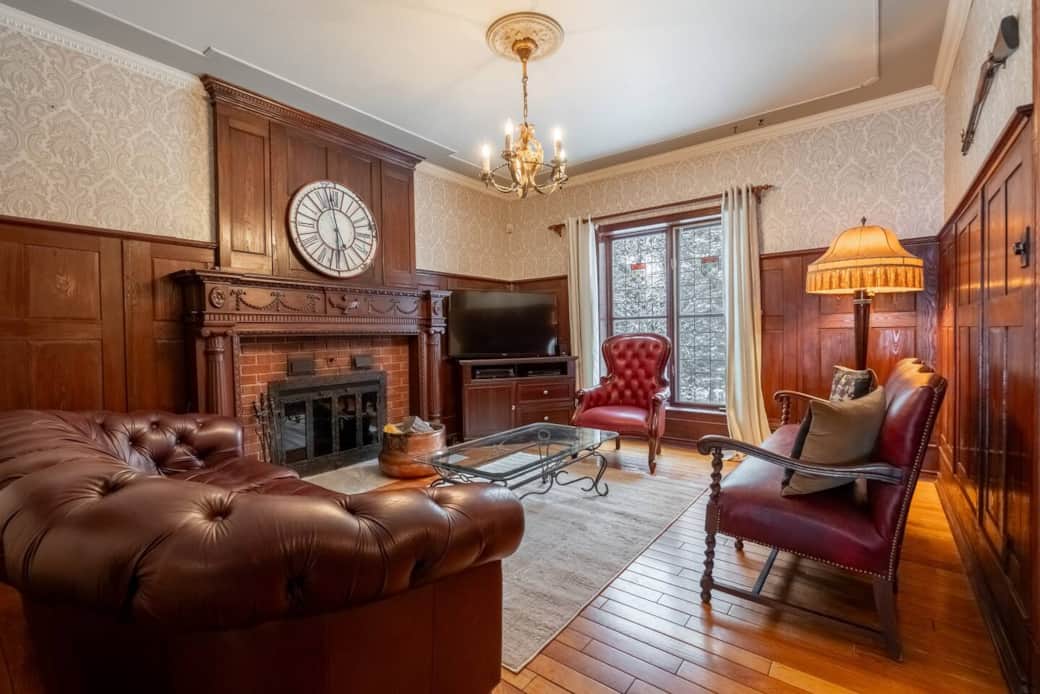 Living room with wood-burning fireplace