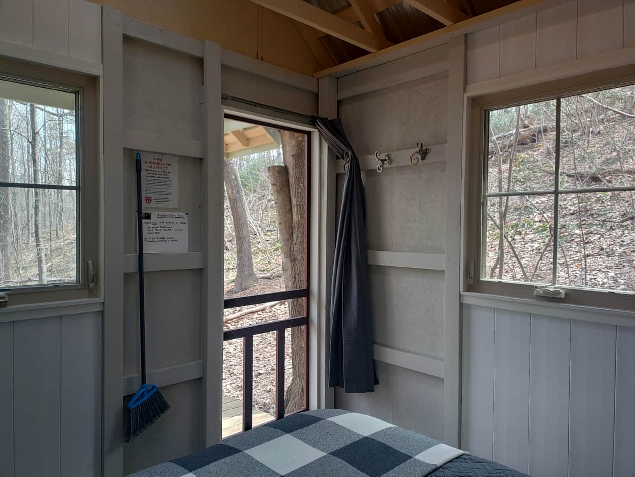 Glamping Cabin inside looking towards the front porch
