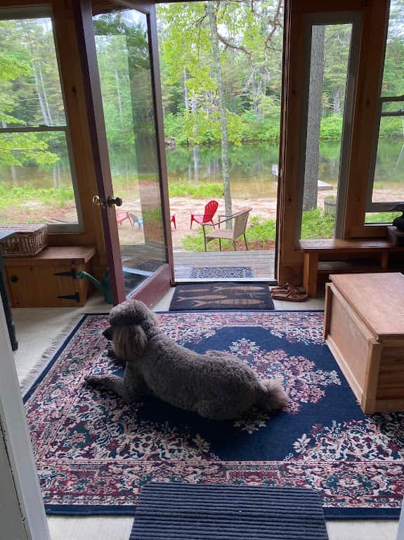 Creekside glassed in porch seating with Maple