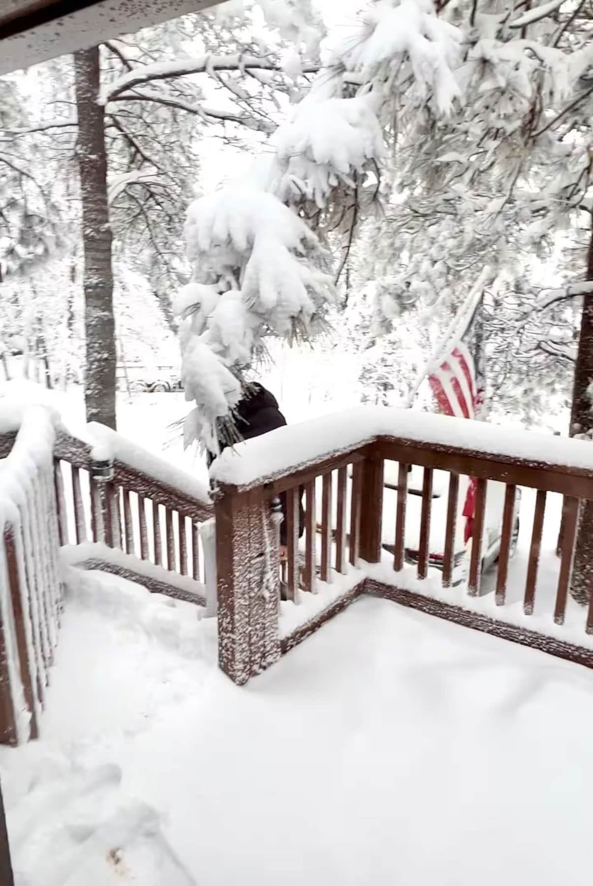 Winter view of front deck and stairs at forest cabin