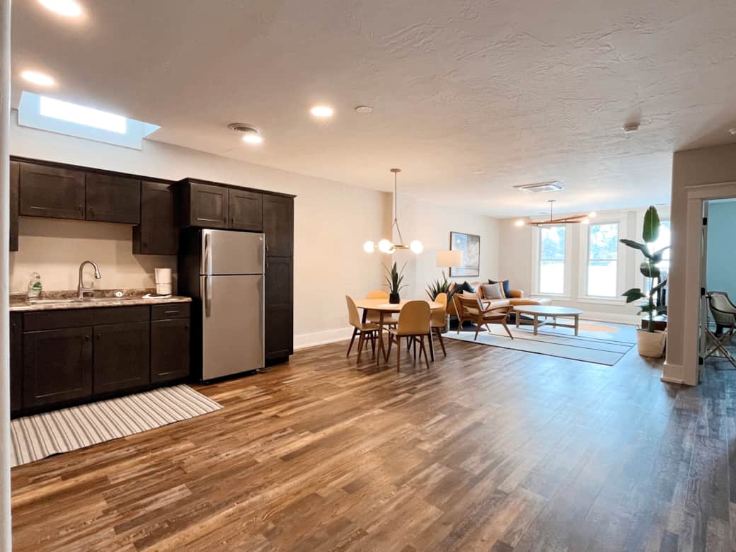 A full kitchen and dining area truly makes this a home away from home.