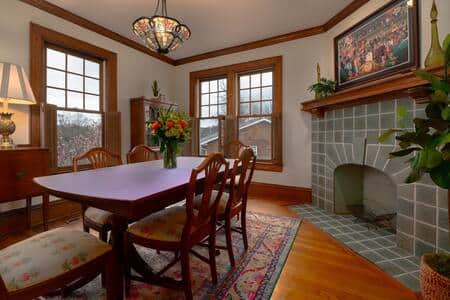 Lots of light in the colorful dining room.