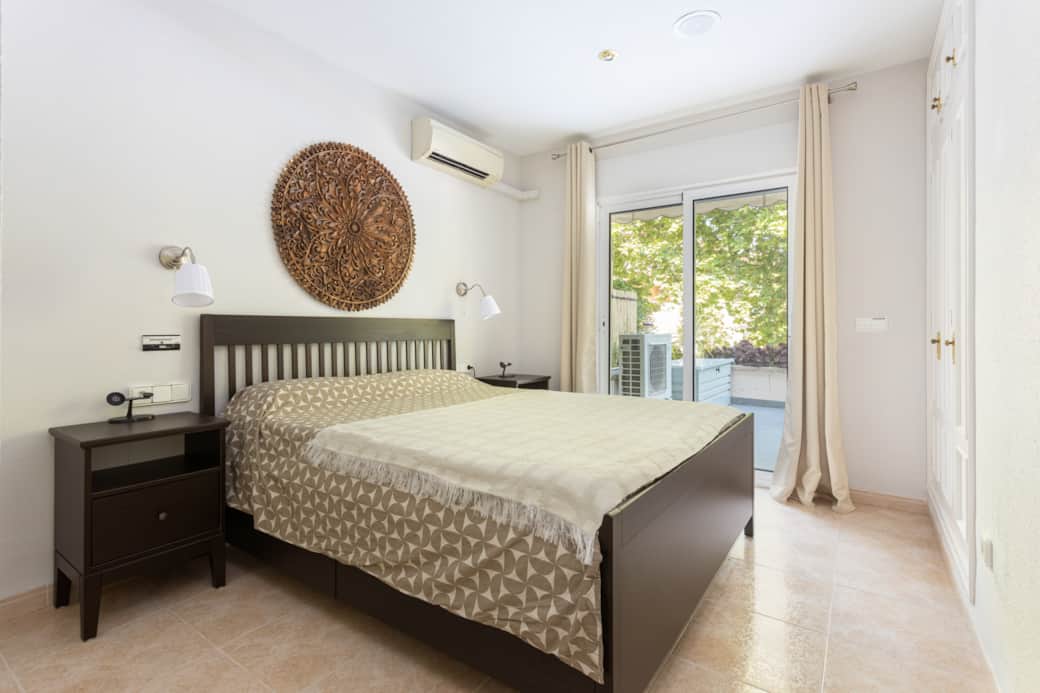 Master bedroom with private bath, safe, wardrobe, terrace, and chargers