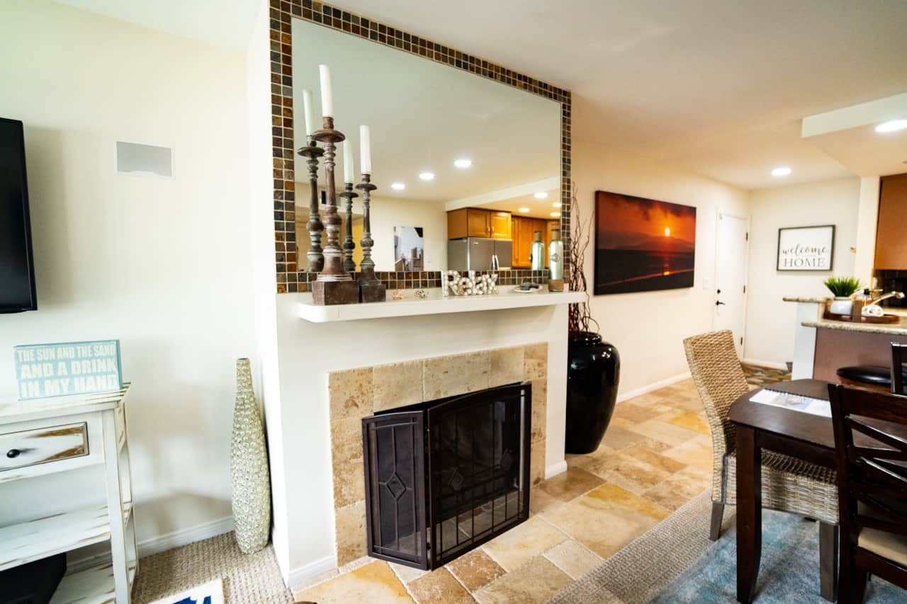 Fireplace anchoring the open living area