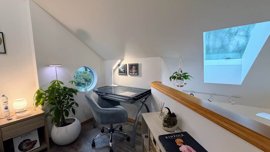 Stay productive at the dedicated workspace with fast Wi-Fi, natural light, and a unique round window