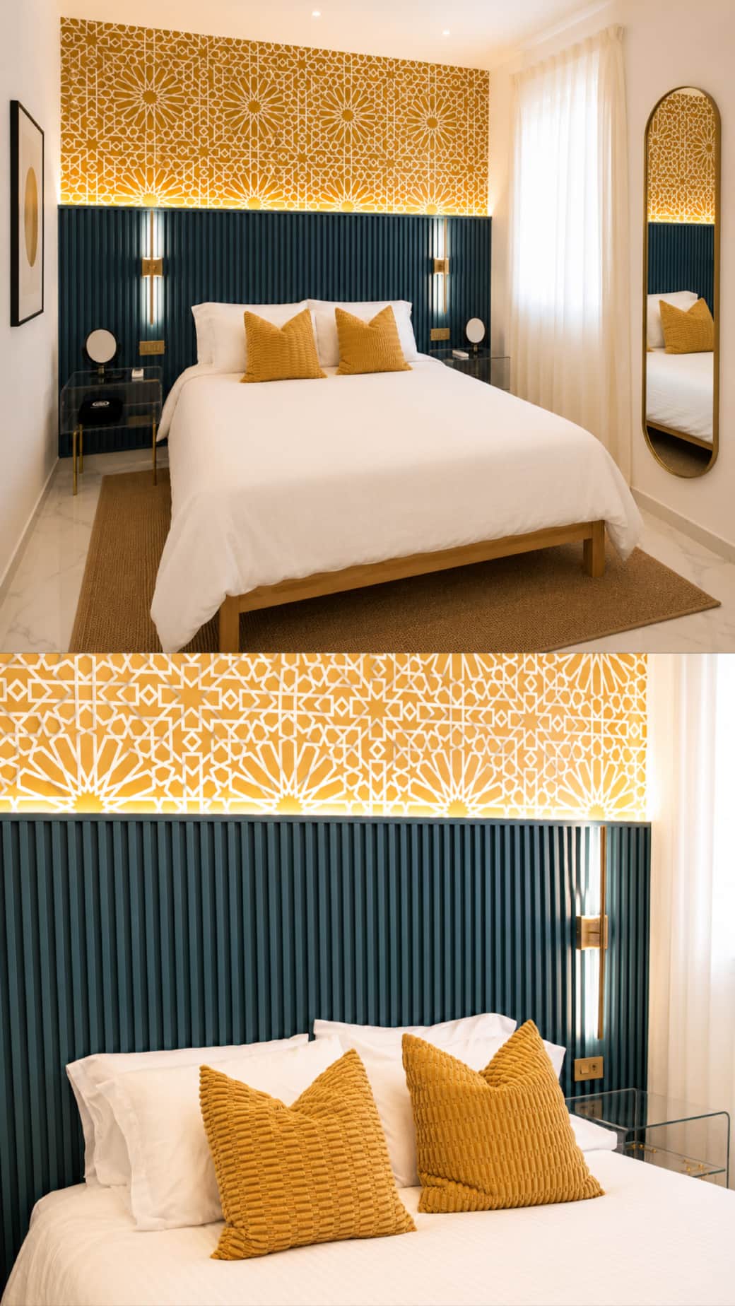 Stylish bedroom with illuminated accent wall, plush bed, and modern décor.