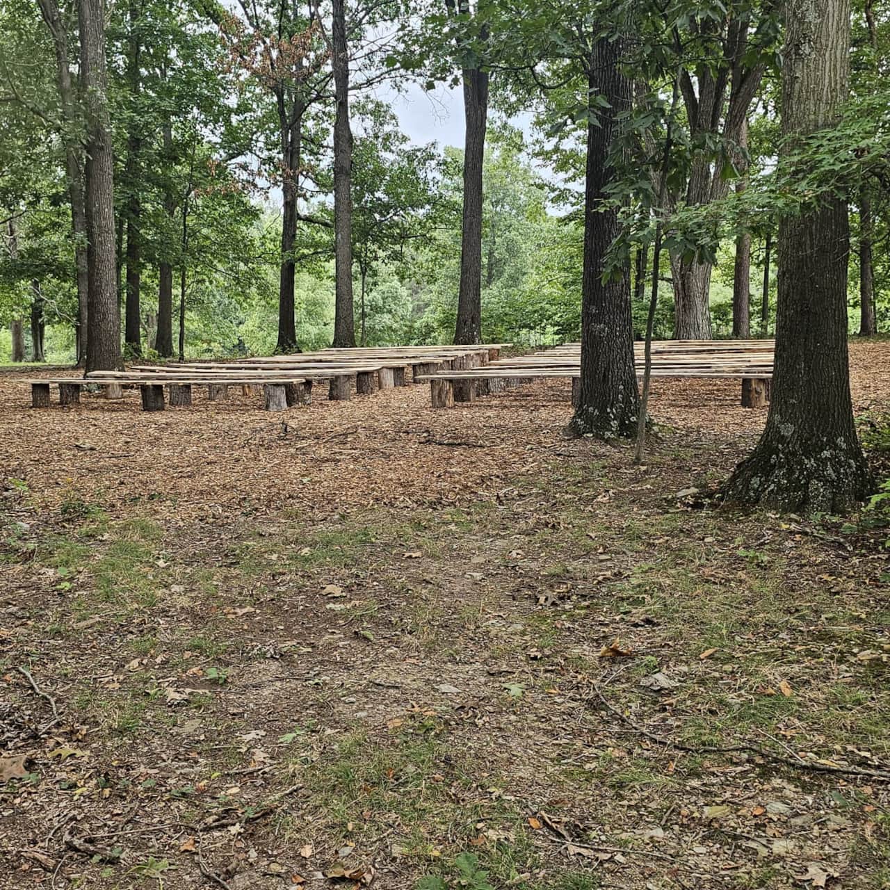 Wooden benches under the trees at the outdoor chapel