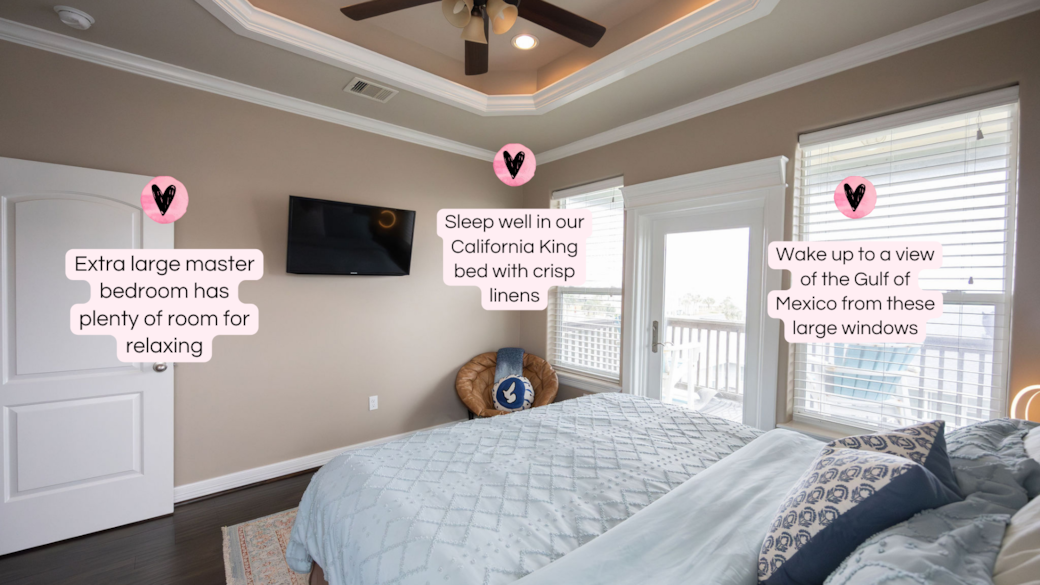 The view! The deck! The California King bed! Lots of space in our Master.