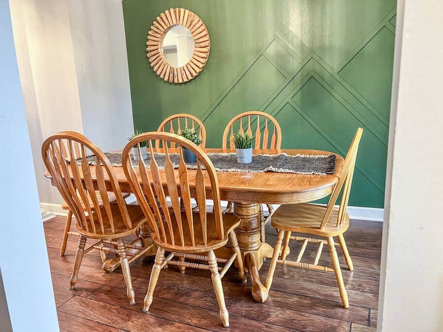Enjoy the custom-made mountain accent wall while you share a meal with your friends and family.
