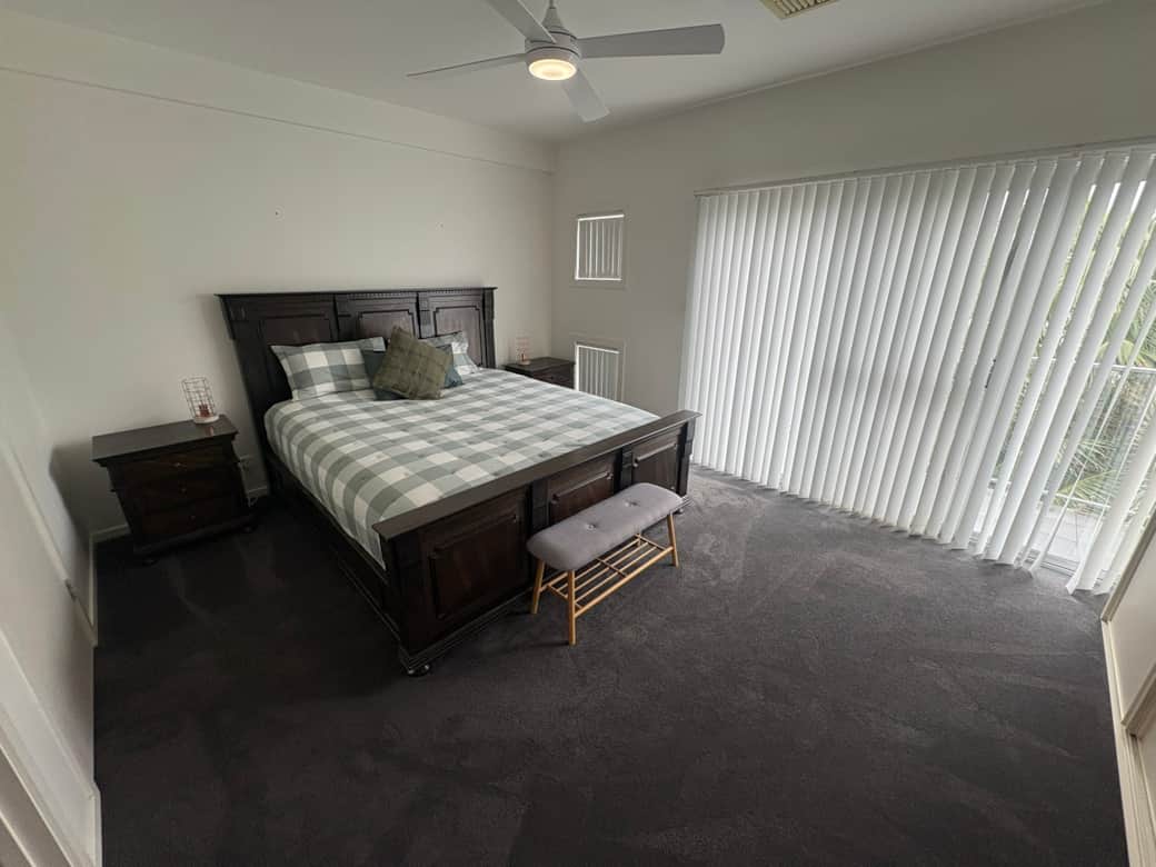 A very comfortable bed, with a view across the lake 