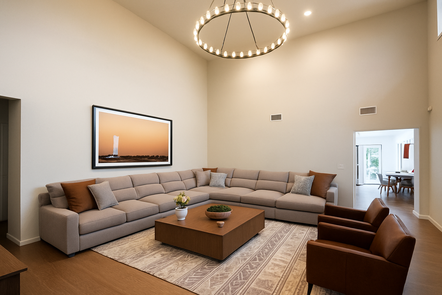 Great room with soaring ceiling and sectional