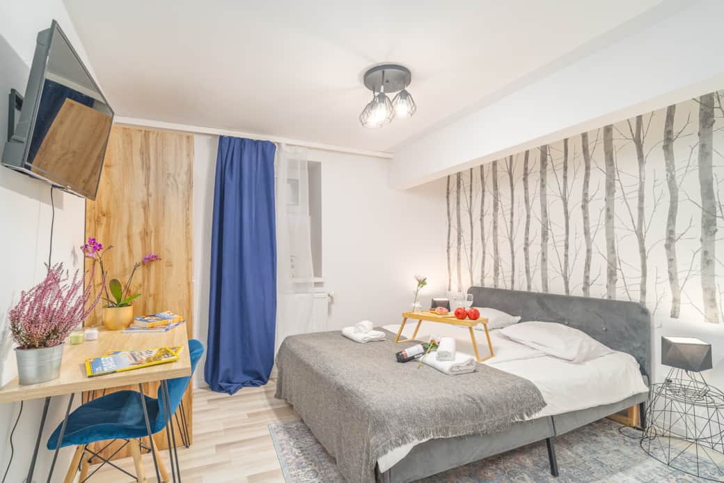 Jasna i funkcjonalna sypialnia z wygodnym łóżkiem double, biurkiem do pracy i telewizorem.