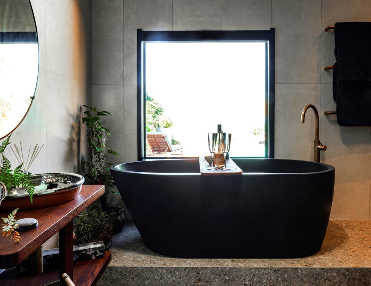 A moody blue bathroom