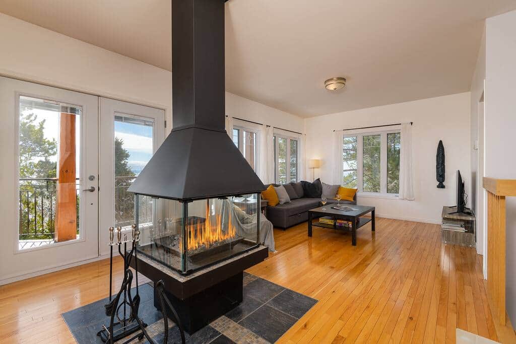 Salon avec foyer au bois