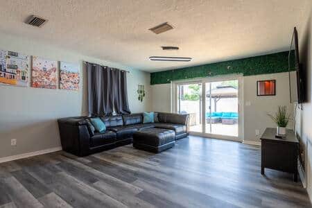 Wind down in the comfy living area with a perfect view of the backyard
