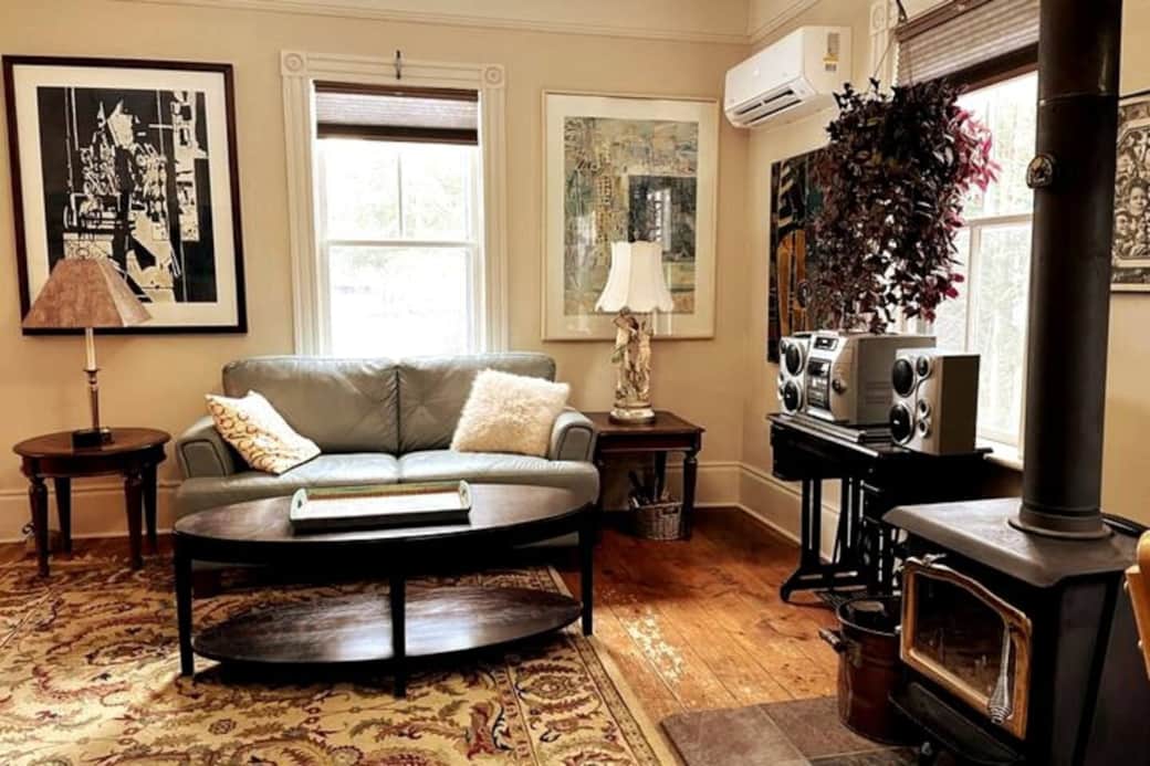 Comfortable living room with leather sofa
