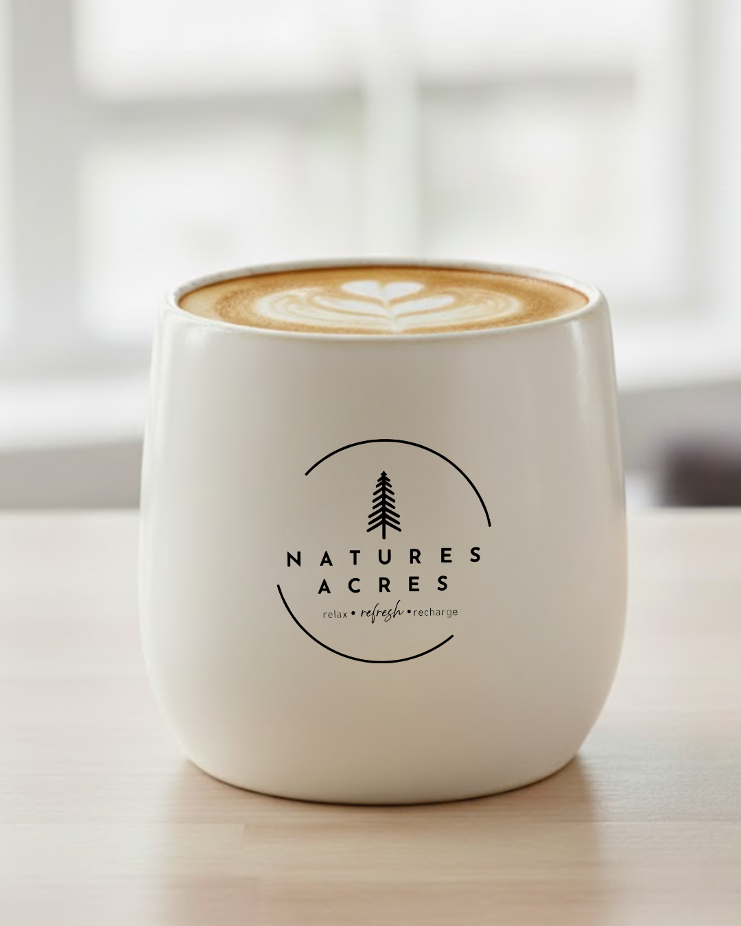 White travel coffee tumbler with Natures Acres logo