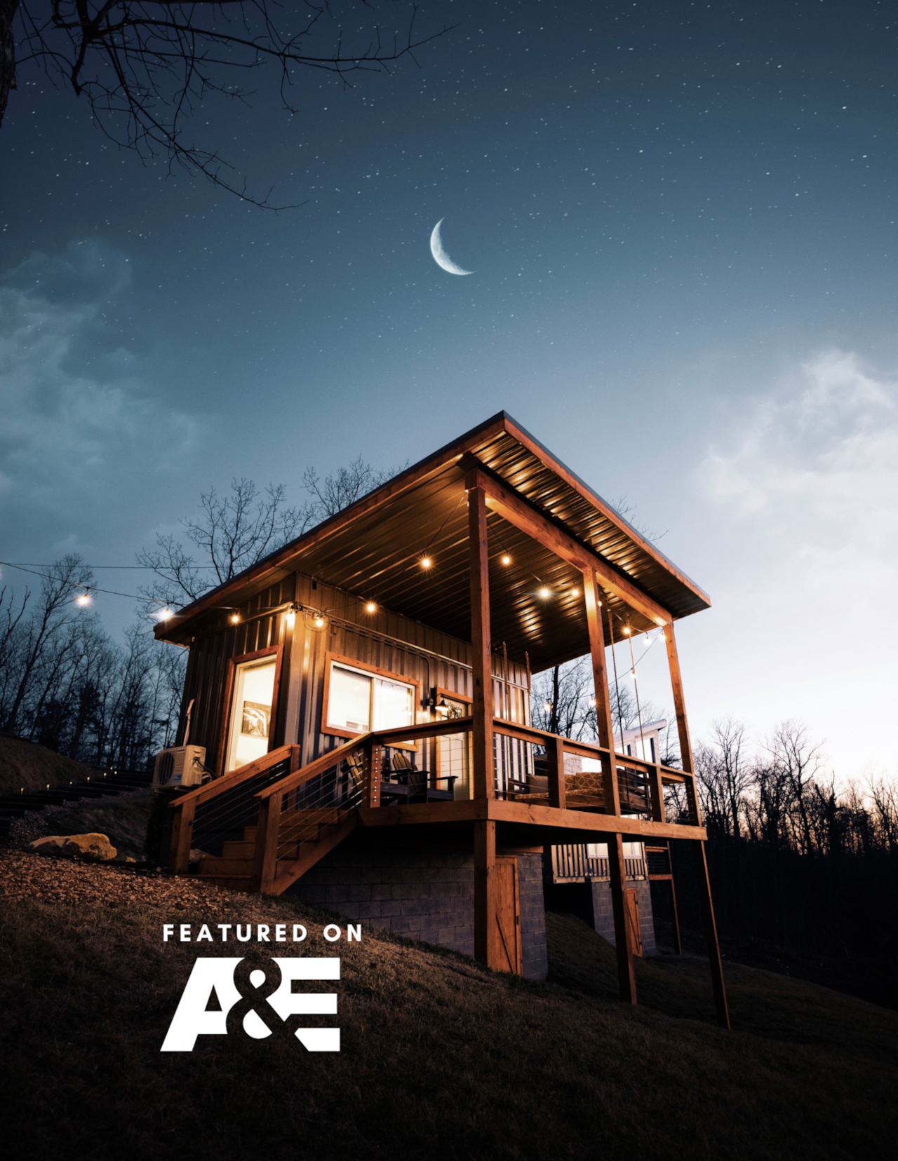 Beneath the glow of the moon, the deck offers a peaceful mountain retreat.