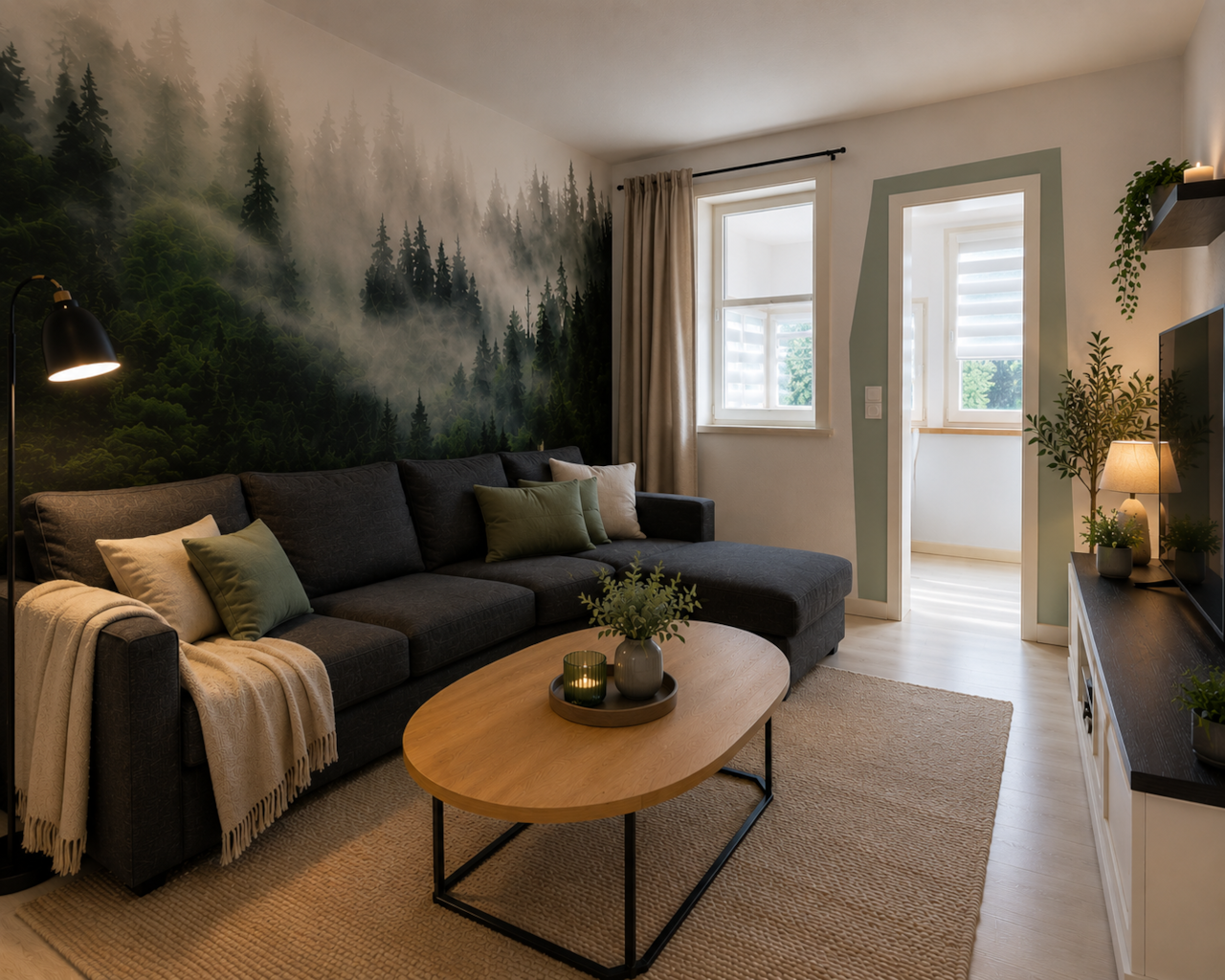 Wohnbereich mit Fernseher, Schlafcouch und Loggia im Hintergrund