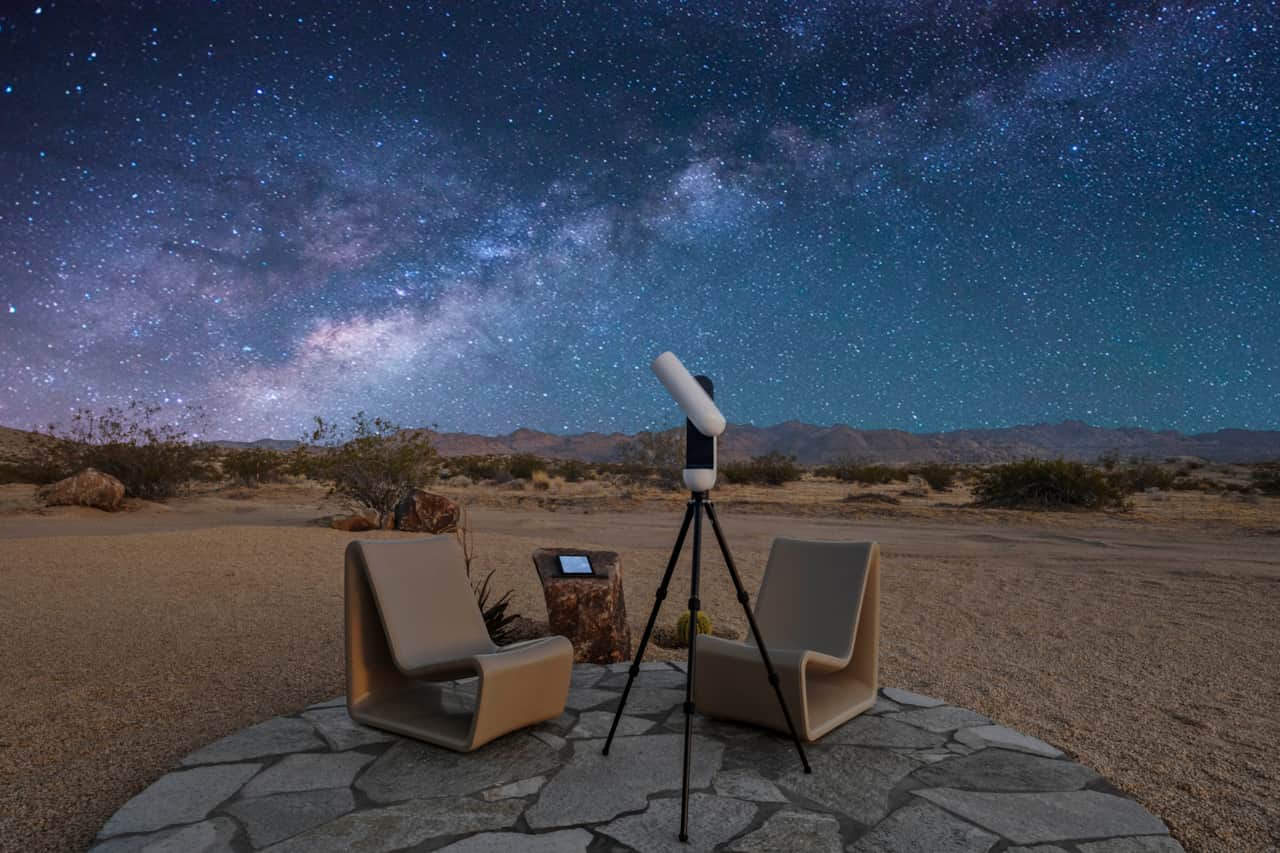 Vaonis Vespera 3 smart telescope on the flagstone stargazing pad — iPad-controlled