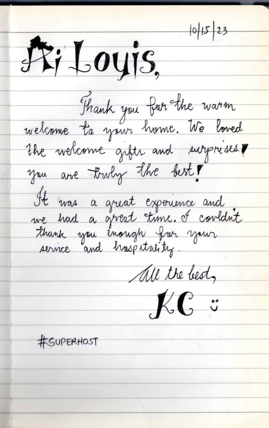 Handwritten guest note from Raya P09 guest book
