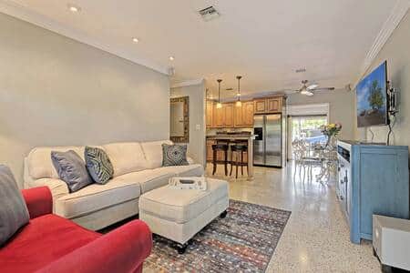 Indoor living and dining room. There's a sleeper sofa for overflow guests. Indoor living and dining room. There's a sleeper sofa for overflow guests.