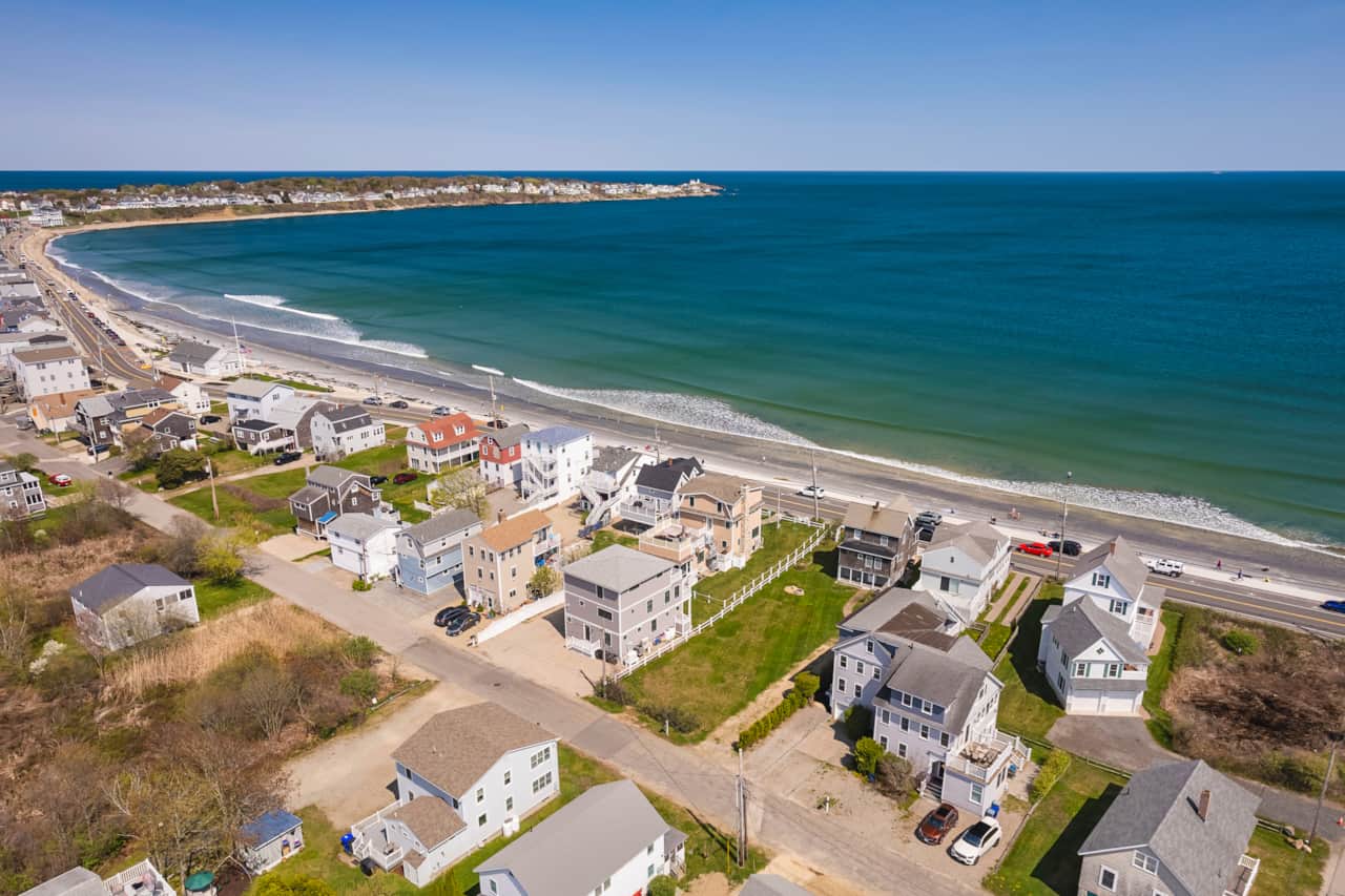 Aerial view of seaside vacation rental just one row from Long Sands Beach