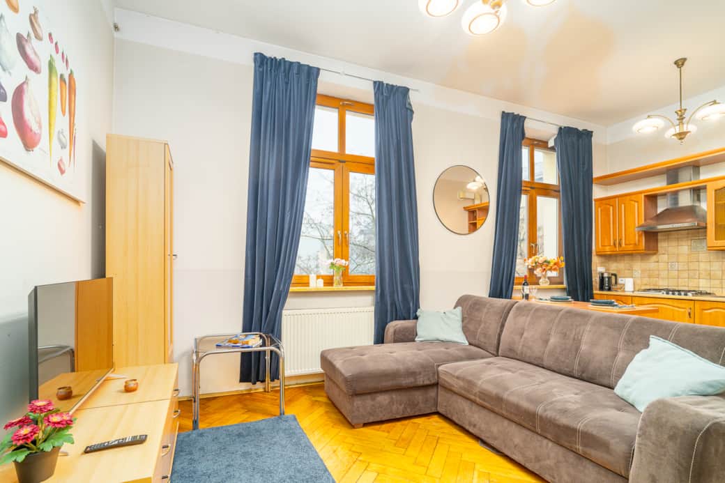 Bright living room with a comfortable sofa, open kitchenette and large windows providing natural lig