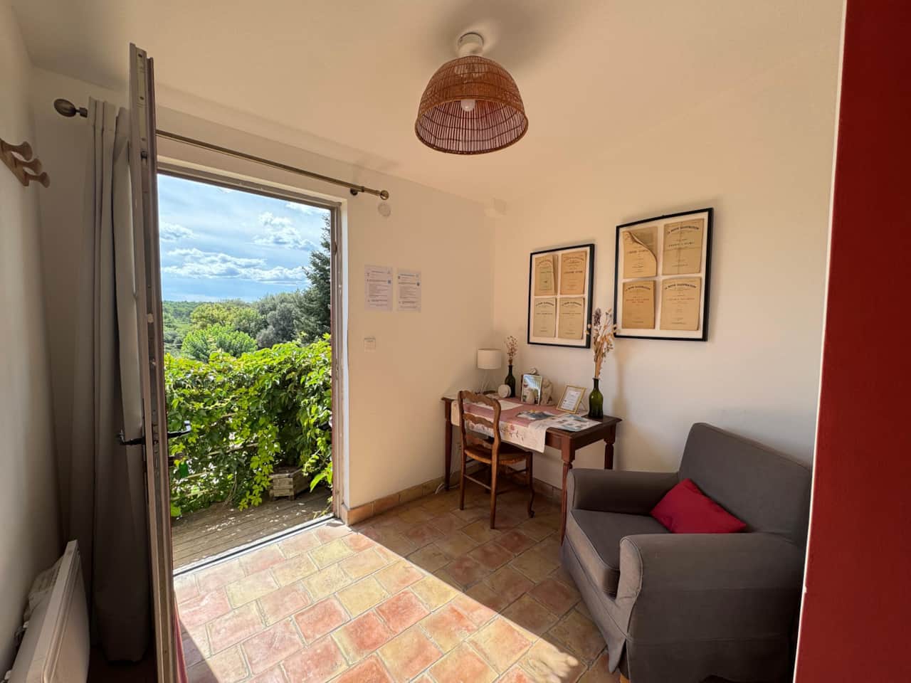 living room, chair, desk, table, entrance, door, garden
