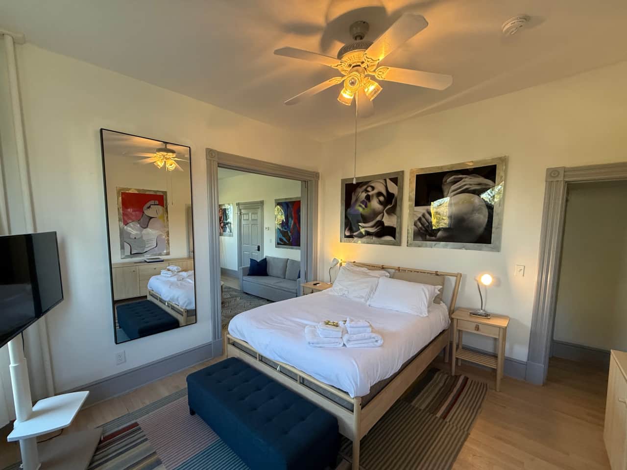 Queen size bed and pull out sofa bed in the background, Love suite