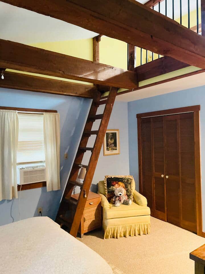2nd Floor Queen bedroom, closet, and ladder goes to a special nook with twin mattress bed and seating for a fun kids nook or secret hide-out. Has Doors to Hallway and a Door to full bathroom with jet tub. 2nd Floor Queen bedroom, closet, and ladder goes to a special nook with twin mattress bed and seating for a fun kids nook or secret hide-out. Has Doors to Hallway and a Door to full bathroom with jet tub.