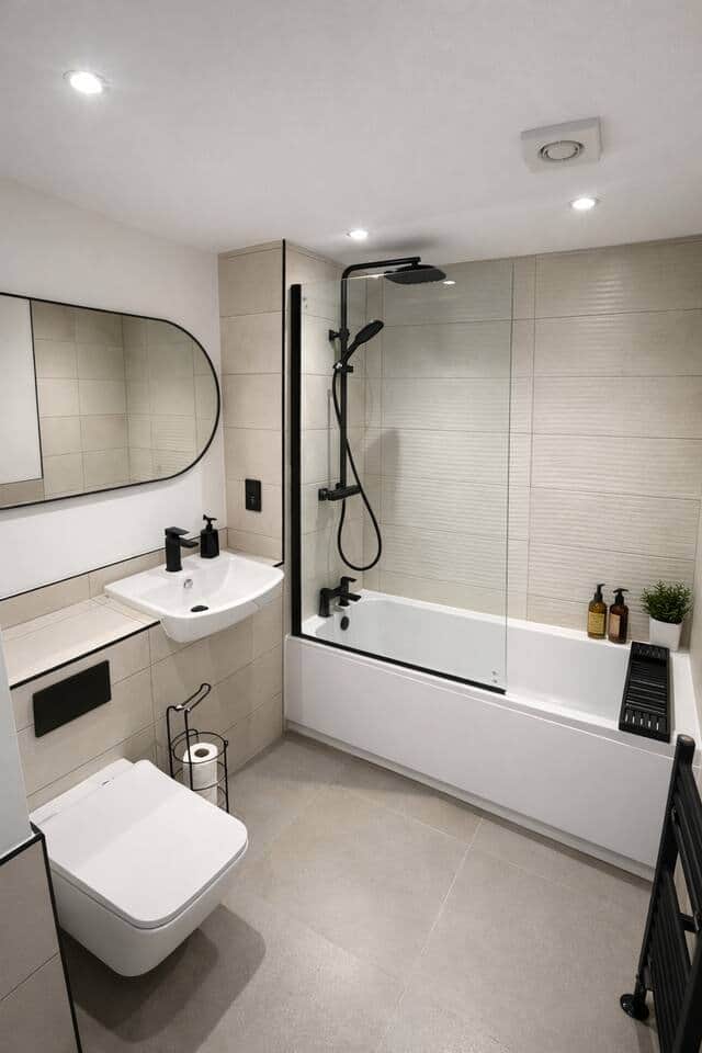Hotel-Style bathroom with a bath and rainfall showers
