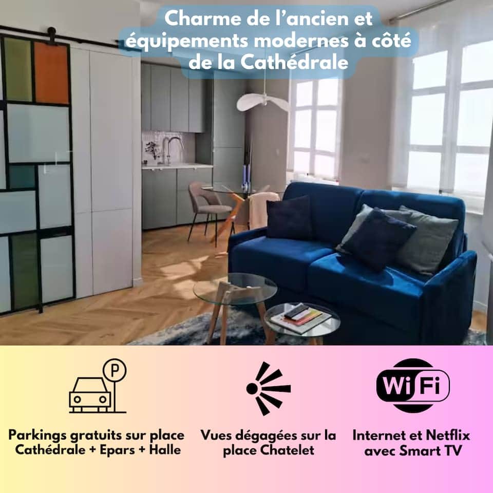 Coin salon et cuisine en arrière plan (toute équipée : four, micro-ondes, évier, plaques de cuisson, lave-vaisselle, lave-linge, réfrigérateur encastré, hotte)