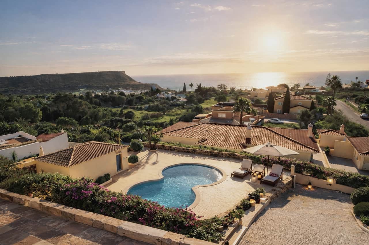 Shared residence pool at sunset