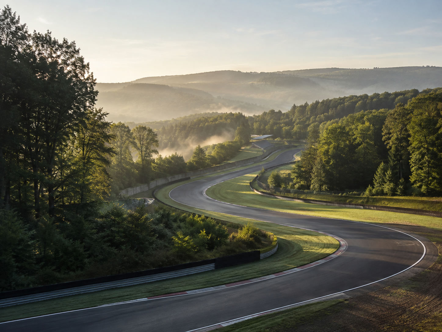 Motorsportrennstrecke in den Ardennen bei Sonnenaufgang