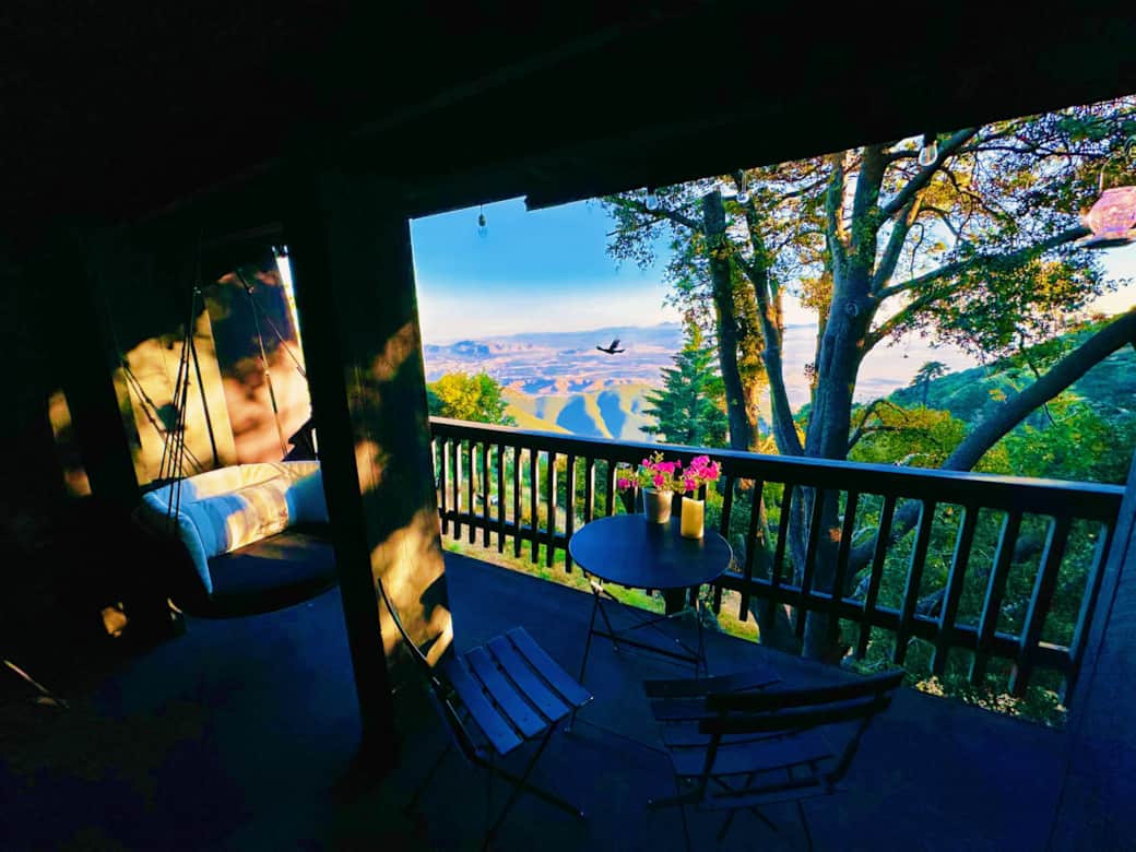 Dusk view from spacious private patio from cabin
