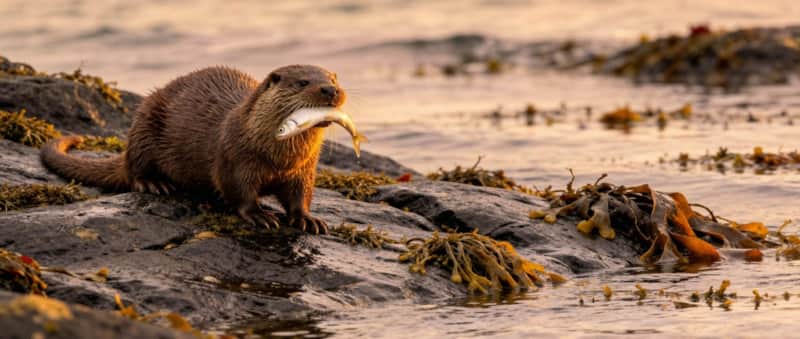 Otter resting on a seaweed-covered rock beside the shore