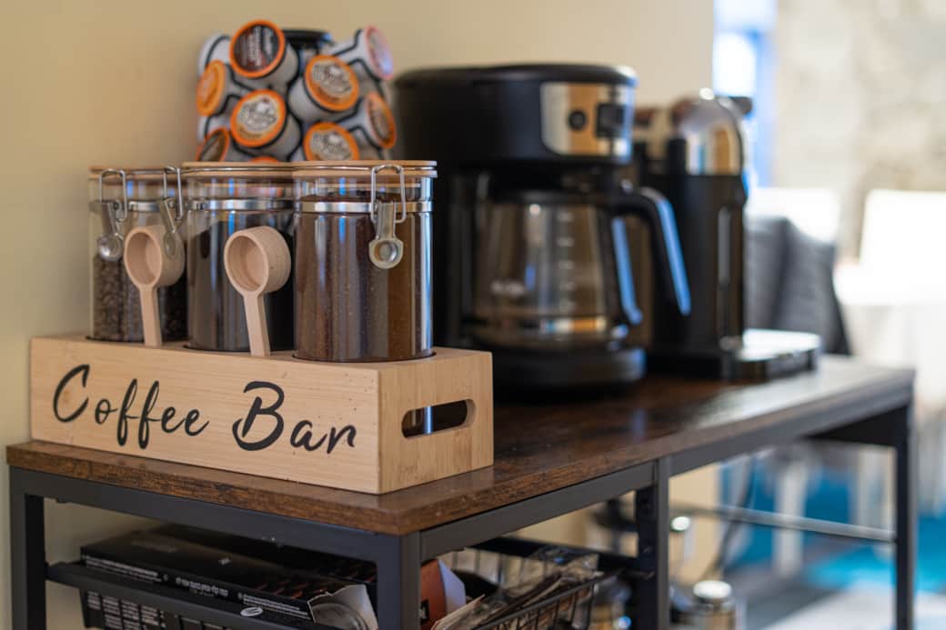 Coffee bar with drip, Keurig and Nespresso machines Coffee bar with drip, Keurig and Nespresso machines