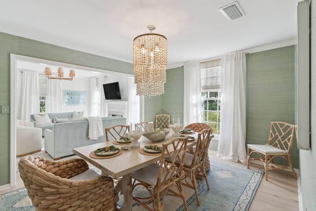 This chic and charming dining room is a great place to gather for a meal. 