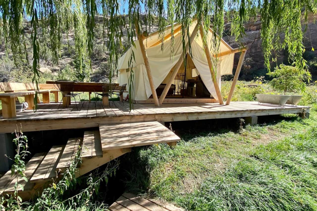 East tent's deck, outdoor seating and soaking tubs