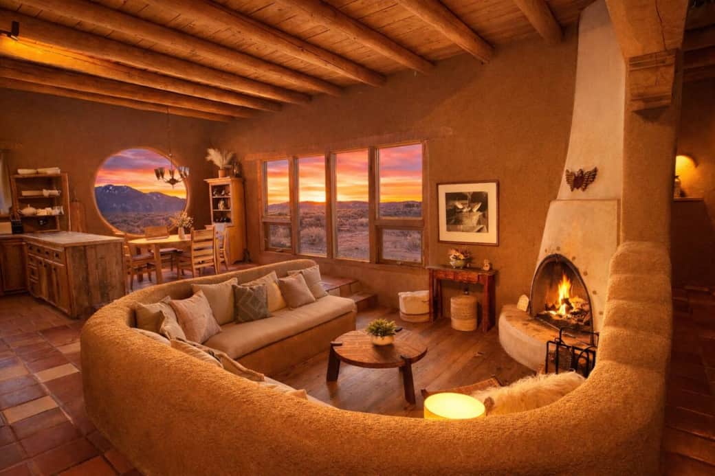 the main living area features a sunken lounge with kiva fireplace, open plan kitchen and dining areas and spectacular views from every window! the main living area features a sunken lounge with kiva fireplace, open plan kitchen and dining areas and spectacular views from every window!