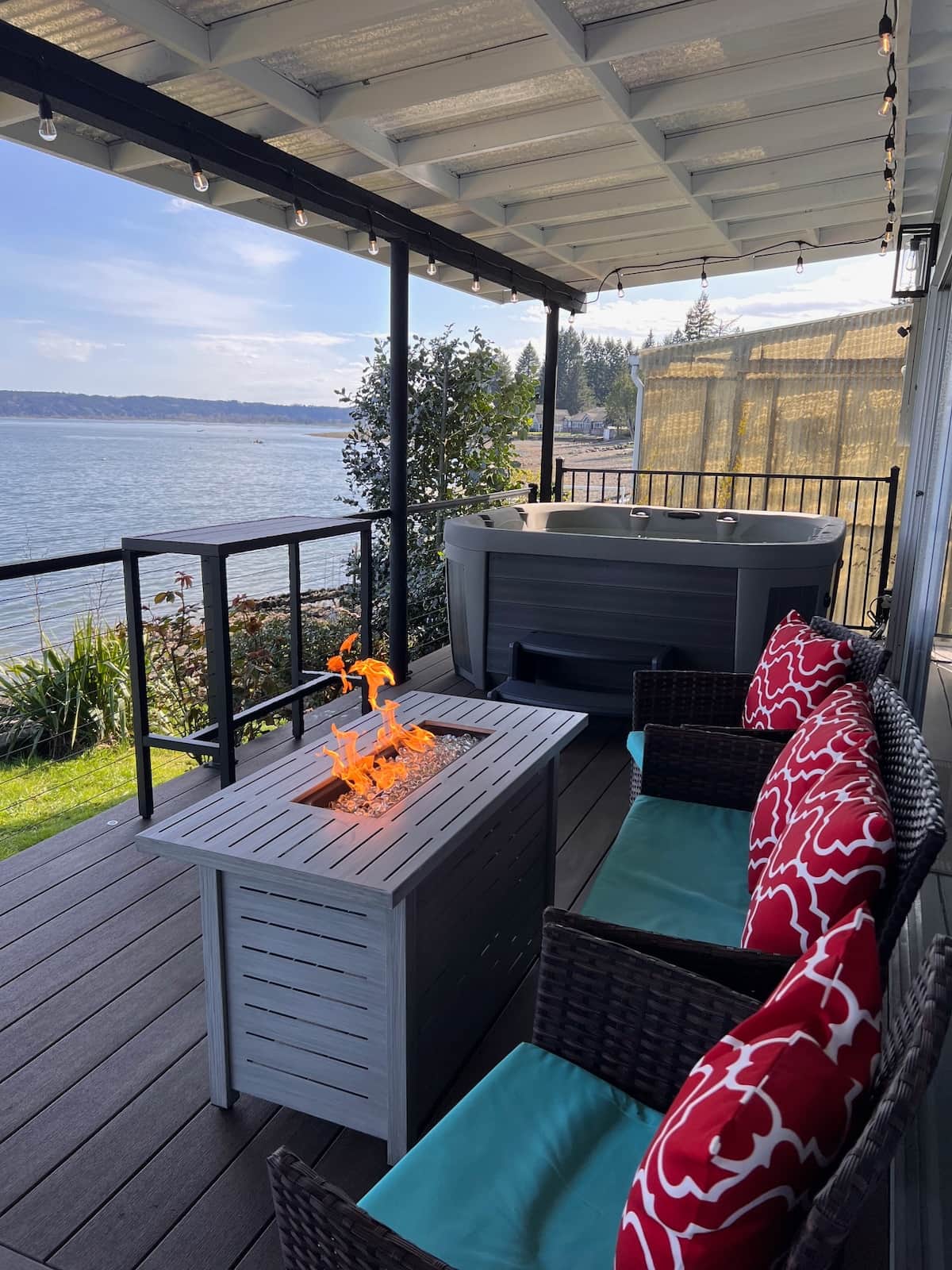 The deck is definitely where you will want to spend your time. Its has patio furniture, a dining table, hot tub, fire table, and BBQ for you to use. But its the views that will keep you here.