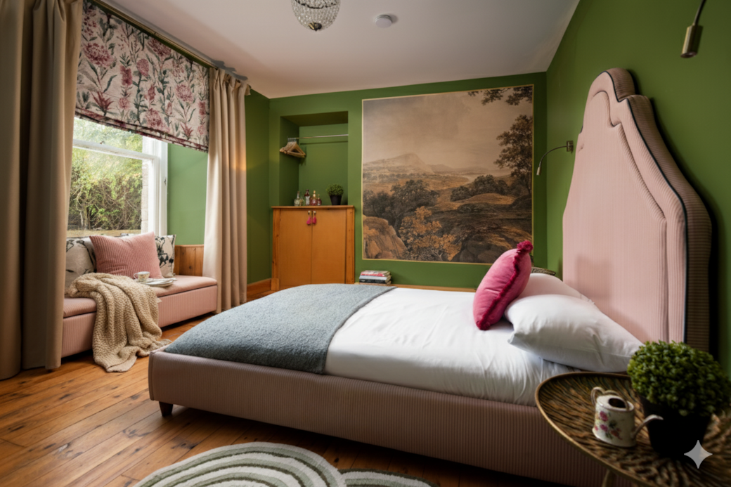 Garden-themed green room: Tall bed, window seat, antique dresser. Space for your dog/travel cot.