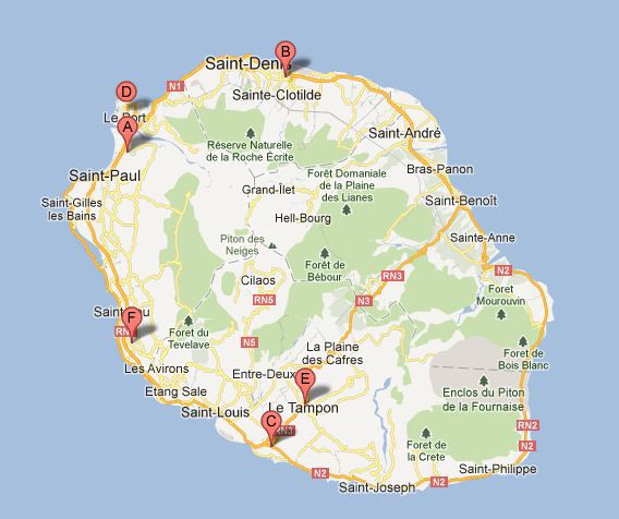 - carte réunion punaise rouge sur lieux importants