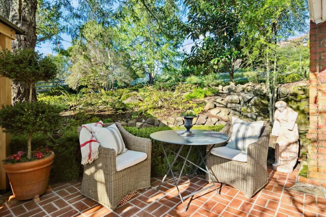 Pottery barn chairs and cushions, comfy spot for charcuterie!