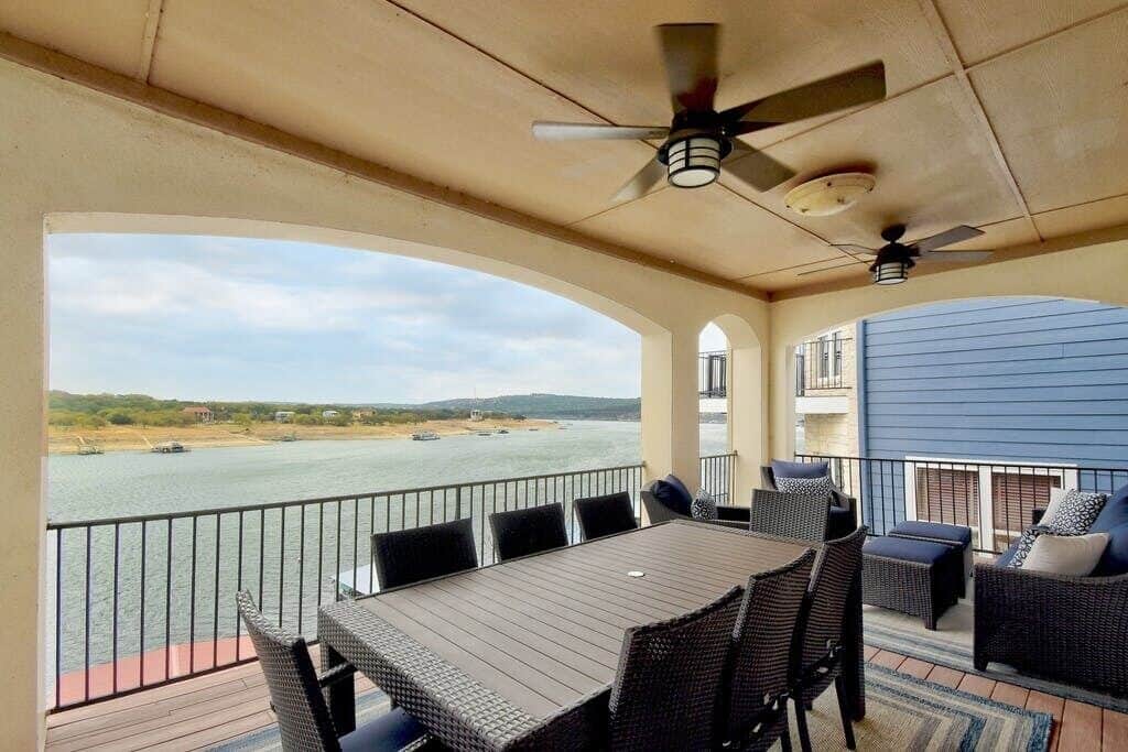 Outdoor second level covered deck dining