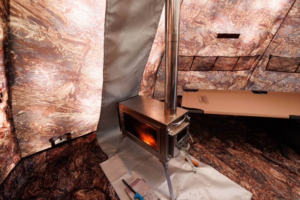 Wood stove, 2 cots, 2 camp chairs, LED Light Wood stove, 2 cots, 2 camp chairs, LED Light