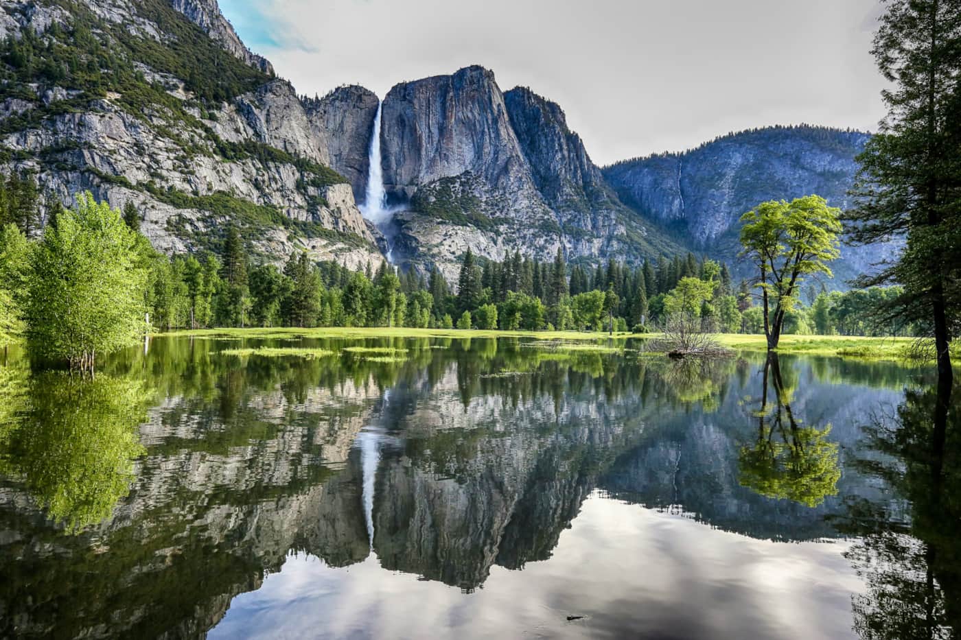 Yosemite Falls reflected in water in Yosemite Valley