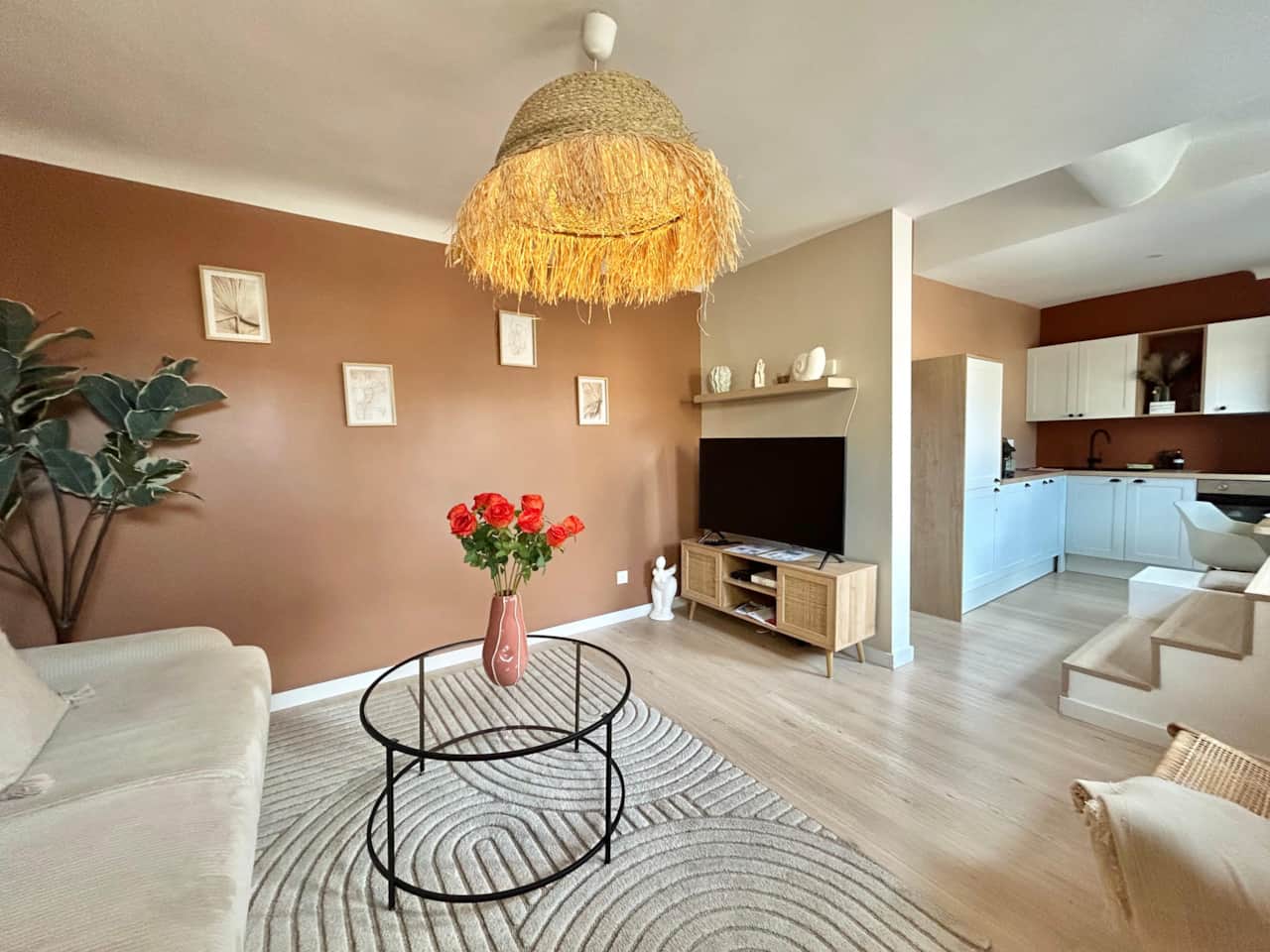 living room, TV, convertible sofa, kitchen
