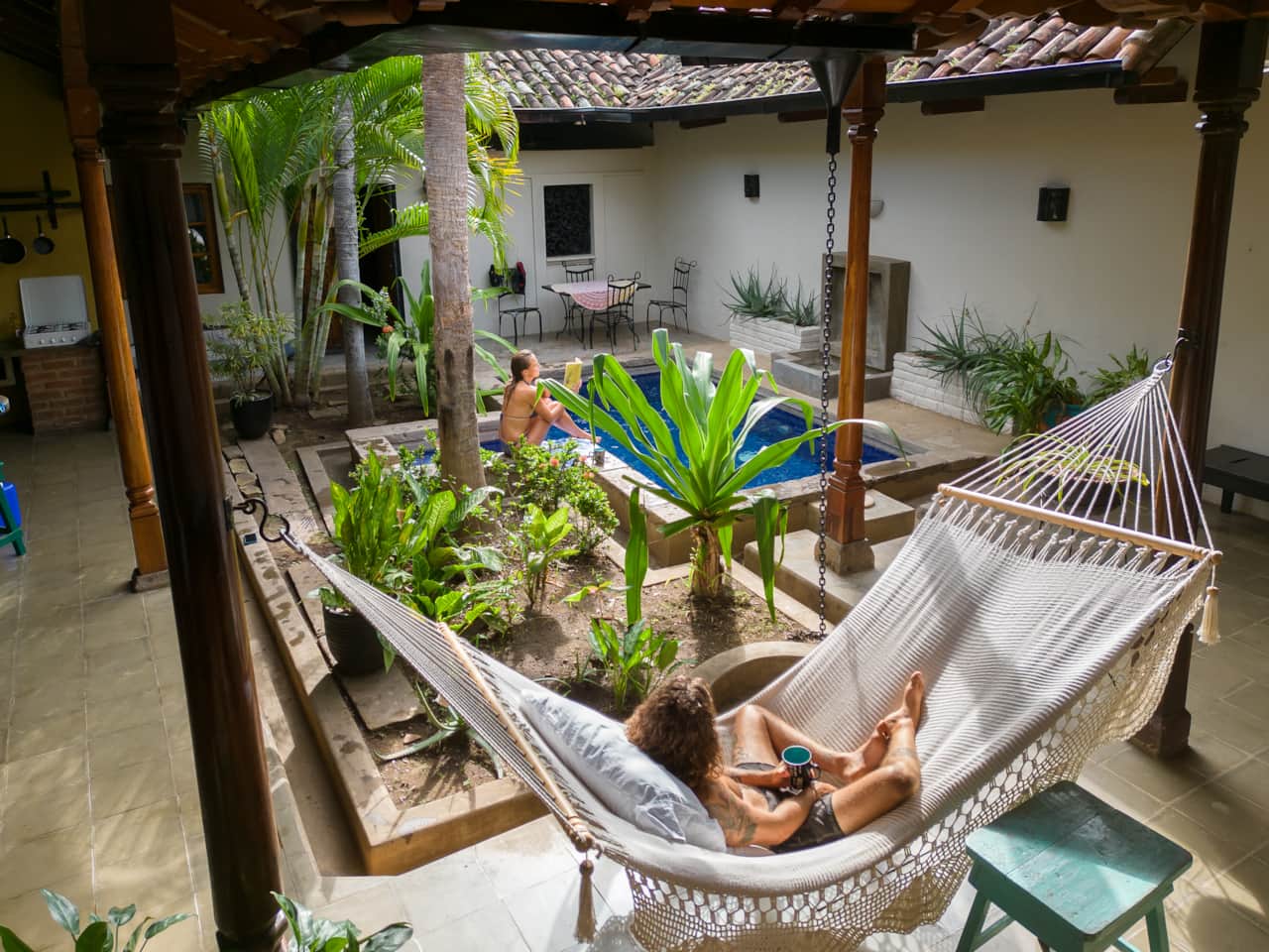 Colonial courtyard with plunge pool and hammocks at our boutique house rental in Granada, Nicaragua